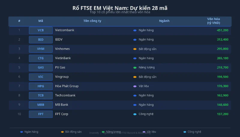 Bảng 10 cổ phiếu lớn nhất trong rổ FTSE EM Việt Nam dự kiến