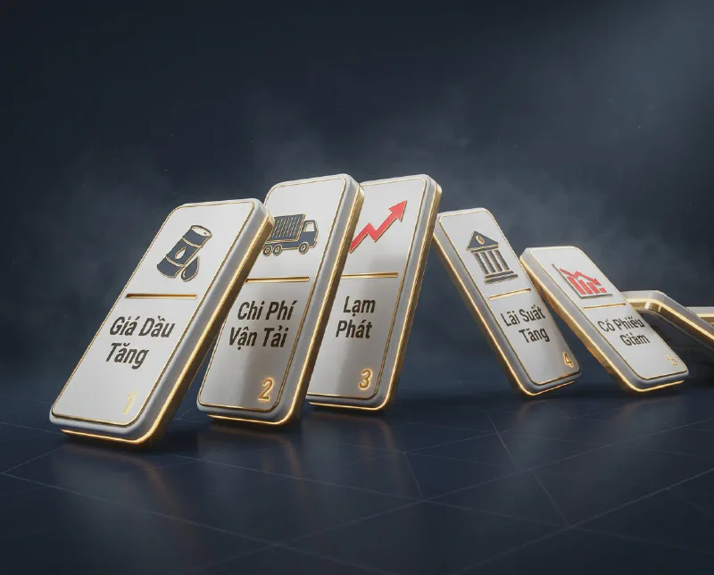 Minh họa hiệu ứng domino từ giá dầu tăng đến cổ phiếu giảm