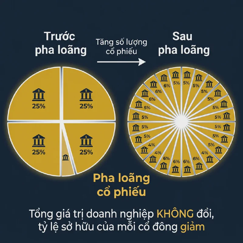 Minh họa pha loãng cổ phiếu: tổng giá trị doanh nghiệp không đổi, tỷ lệ sở hữu giảm