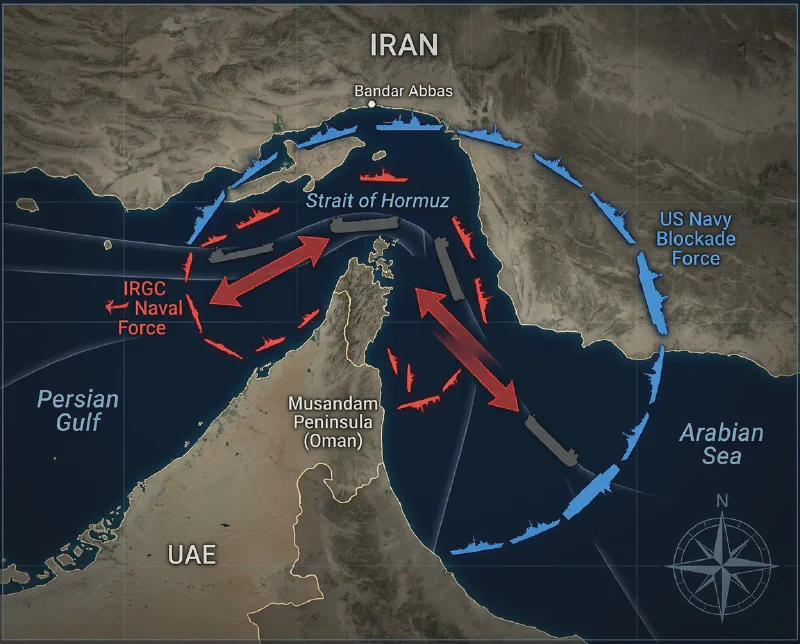 Bản đồ phong tỏa hai chiều tại eo biển Hormuz