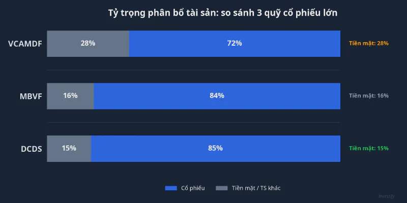 Biểu đồ tỷ trọng phân bổ tài sản 3 quỹ cổ phiếu lớn