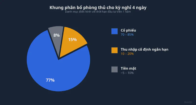 Khung phân bổ phòng thủ: 70–85% cổ phiếu, 10–20% thu nhập cố định ngắn hạn, 5–10% tiền mặt