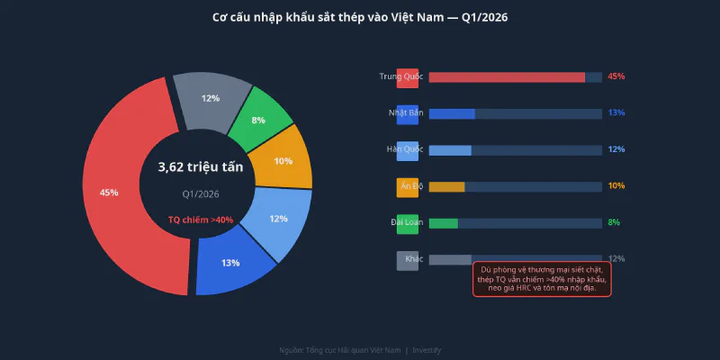 Biểu đồ cơ cấu nhập khẩu sắt thép vào Việt Nam Q1/2026, Trung Quốc chiếm trên 40%