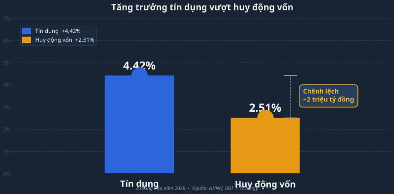Tăng trưởng tín dụng vượt huy động vốn 4 tháng đầu 2026