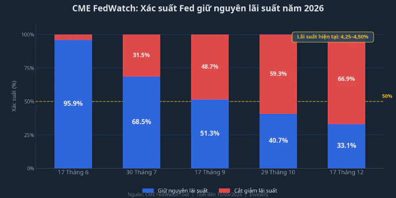 Biểu đồ xác suất CME FedWatch: Fed giữ nguyên lãi suất ở các phiên FOMC còn lại năm 2026
