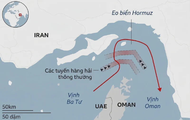 Bản đồ eo biển Hormuz và tuyến hàng hải vận chuyển dầu thô từ Kuwait