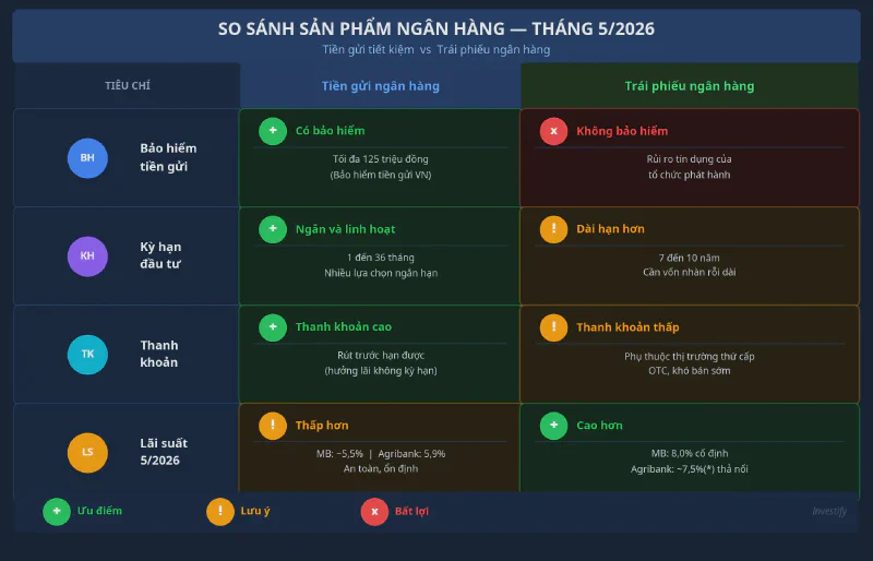 Bảng so sánh chi tiết tiền gửi tiết kiệm và trái phiếu ngân hàng theo 4 tiêu chí