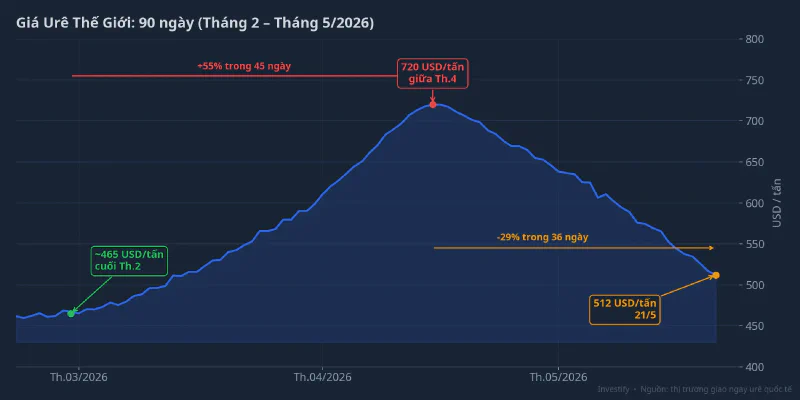 Diễn biến giá urê thế giới trong 90 ngày: từ 465 USD lên 720 rồi về 512 USD/tấn