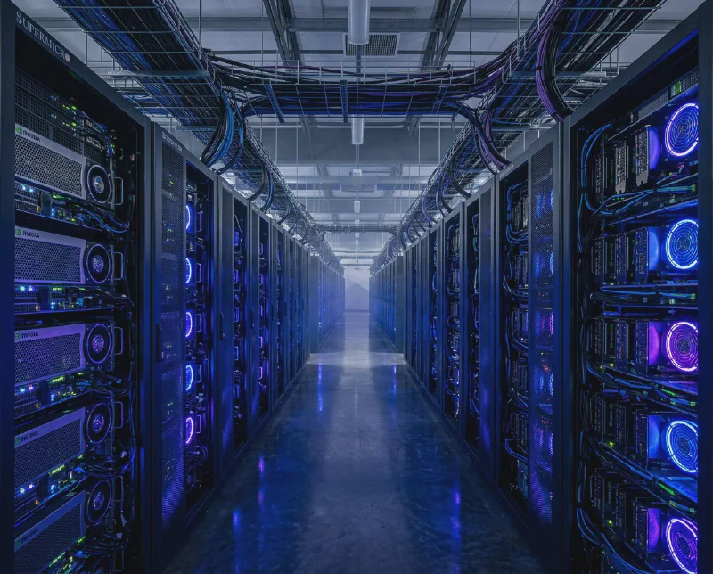 Trung tâm dữ liệu AI với hàng loạt máy chủ GPU