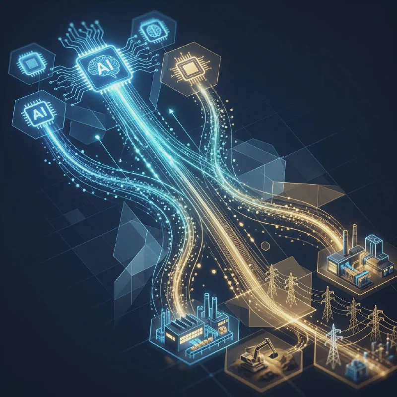 Illustration of capital flowing from AI to the real economy — factories, infrastructure, mining