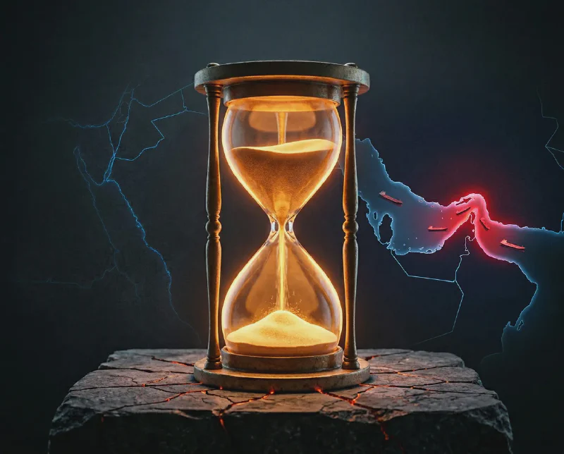 Hourglass and the Strait of Hormuz — symbolizing the temporary nature of the deal