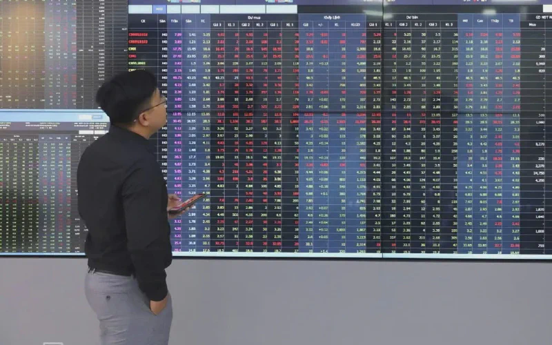 Investor watching the stock exchange electronic board