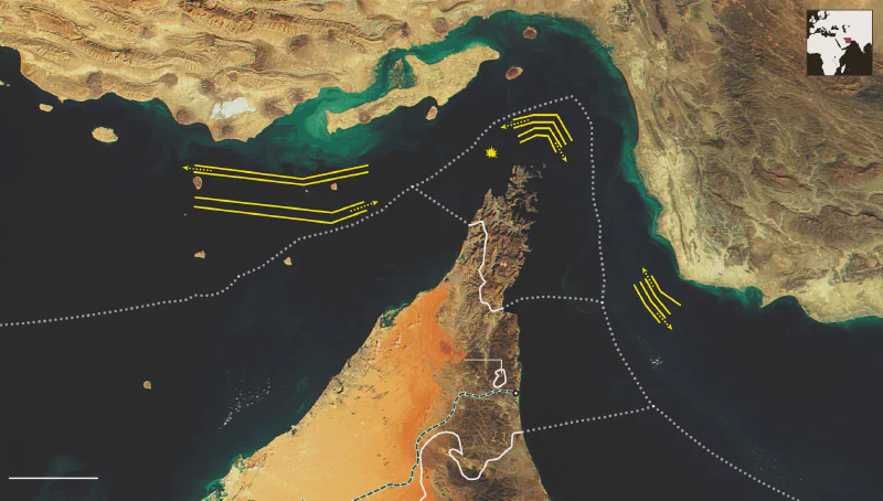 Satellite view of the Strait of Hormuz, international shipping routes disrupted