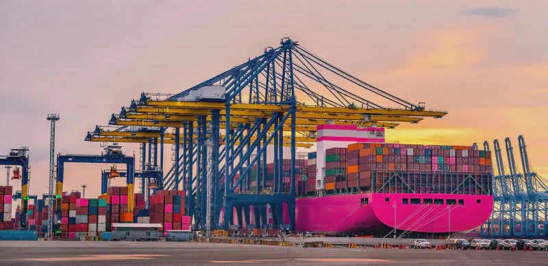 Busy container port in the US, where imported goods await tariff refunds