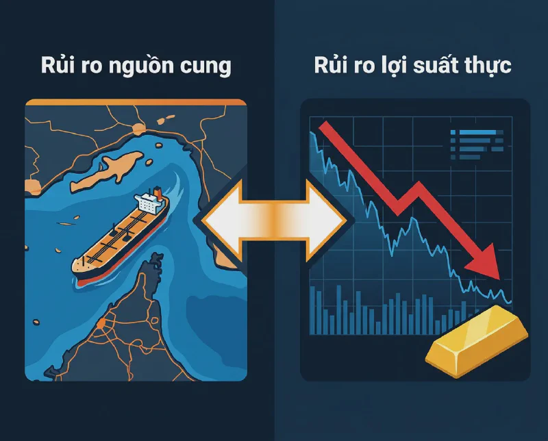 Two risk channels: supply risk (oil) vs. real yield risk (gold)