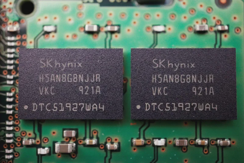 SK Hynix memory chips on a circuit board, representing the global HBM shortage cycle