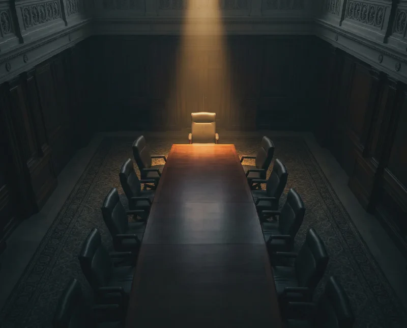 FOMC meeting room viewed from above, the Chair&rsquo;s seat illuminated among 12 chairs around the long table