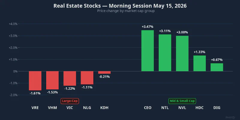 Real estate stocks, morning session May 15, 2026 — divergence by market cap group