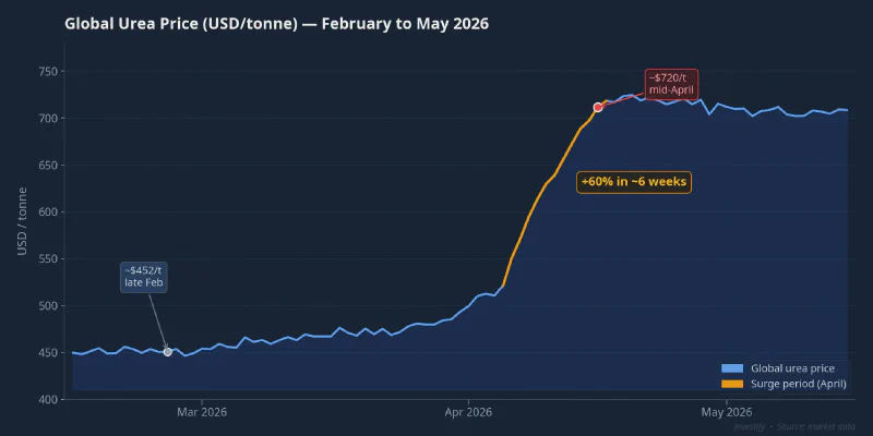 Global urea prices surged approximately 60% in eight weeks during early 2026