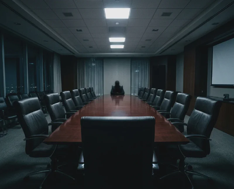 Board meeting room with most chairs empty