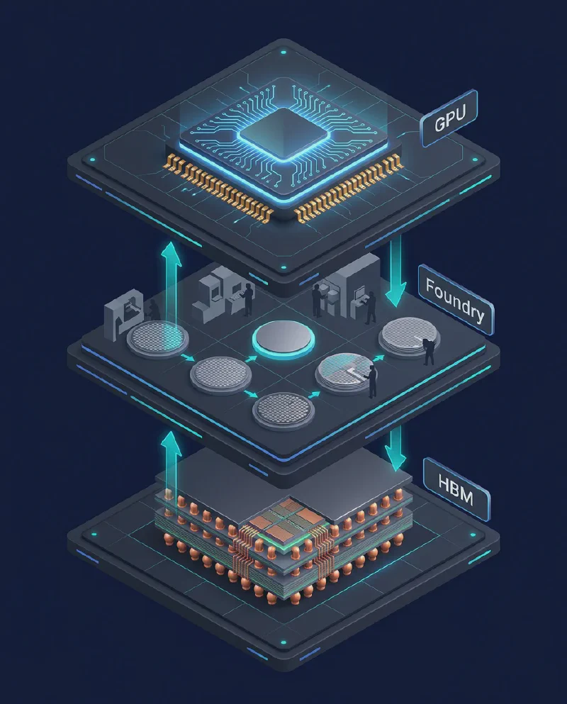 Three-layer AI chip chain diagram: GPU, Foundry, and HBM stacked