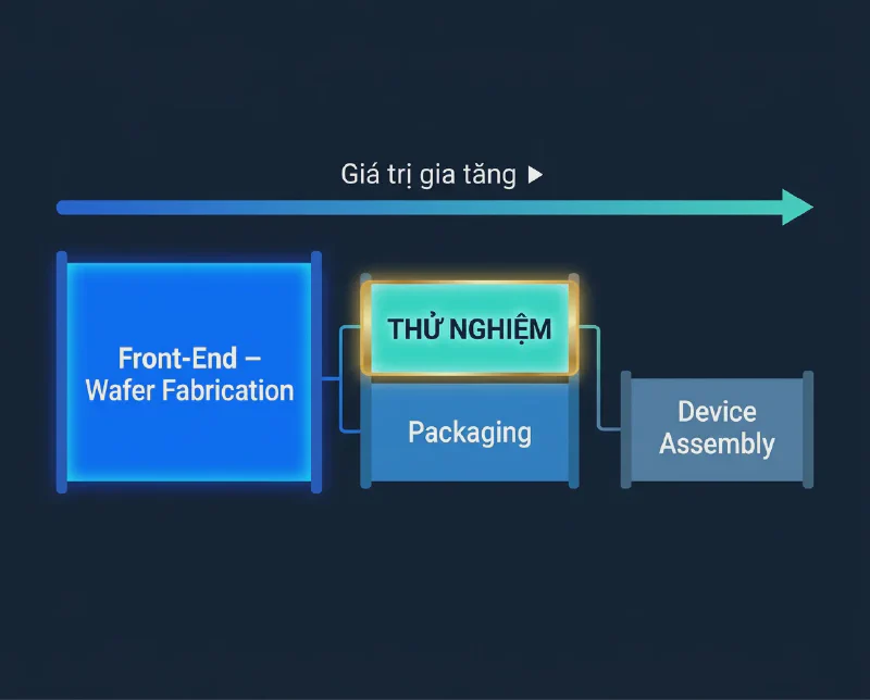 The semiconductor value chain: testing sits in the back-end, above assembly but below front-end fabrication